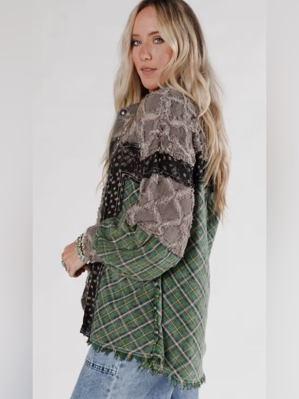 🤎NEW POL Textured Shacket Green & Brown Patchwork- Beautiful 💚 - Picture 5 of 7